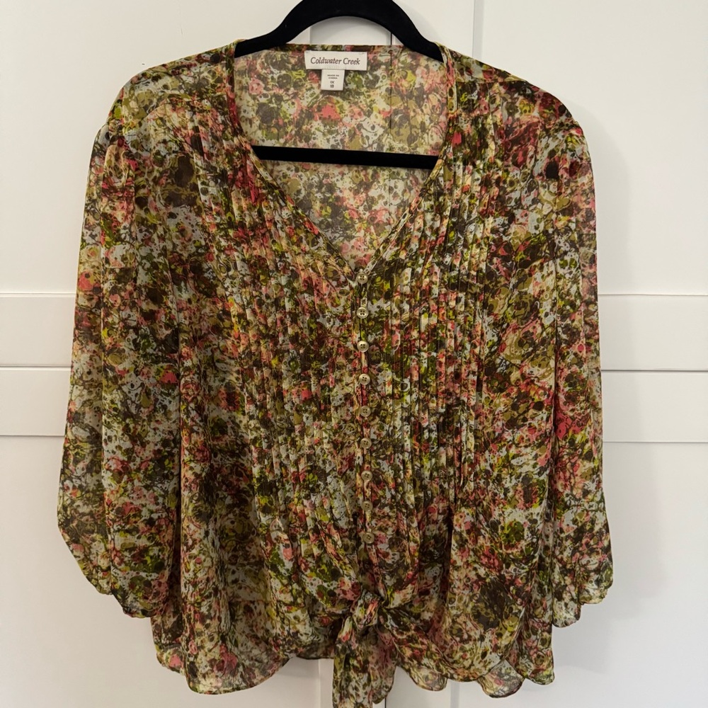 Coldwater Creek Sheer Floral Button-Front Blouse in Olive, Pink, Cream